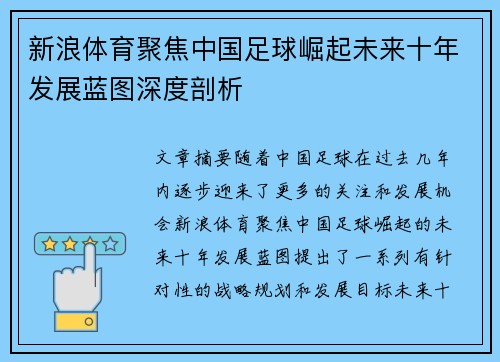 新浪体育聚焦中国足球崛起未来十年发展蓝图深度剖析
